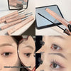 Collage of makeup products and their application on eyes.