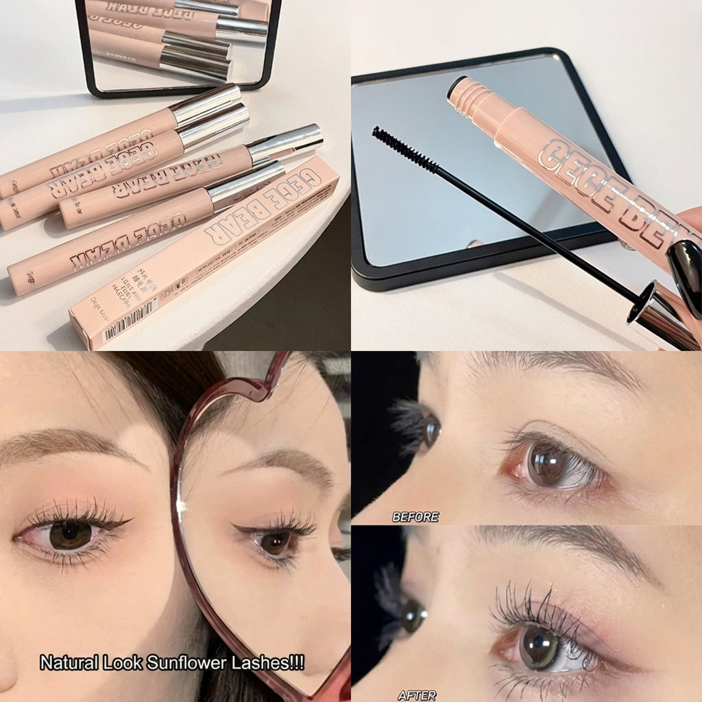 Collage of makeup products and their application on eyes.