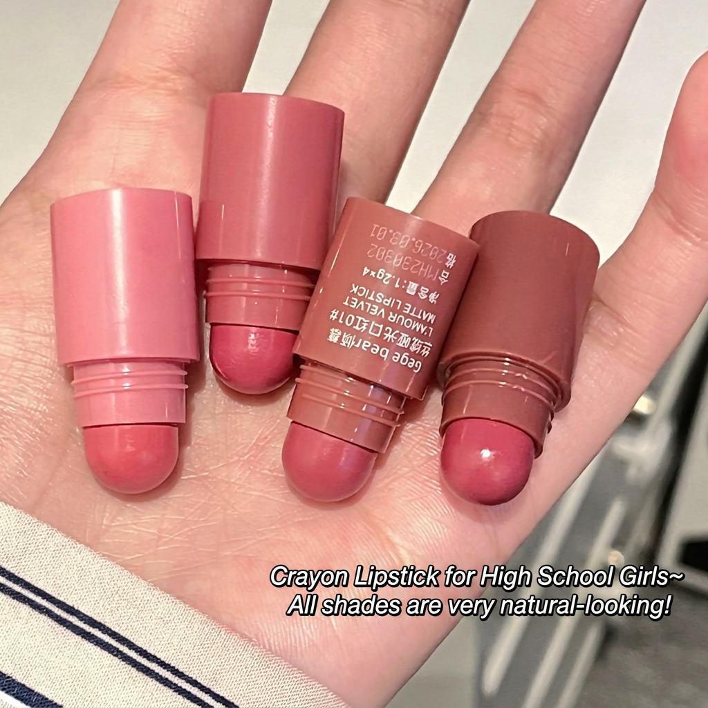 Four lipsticks in different shades held in a hand with text about natural-looking shades.