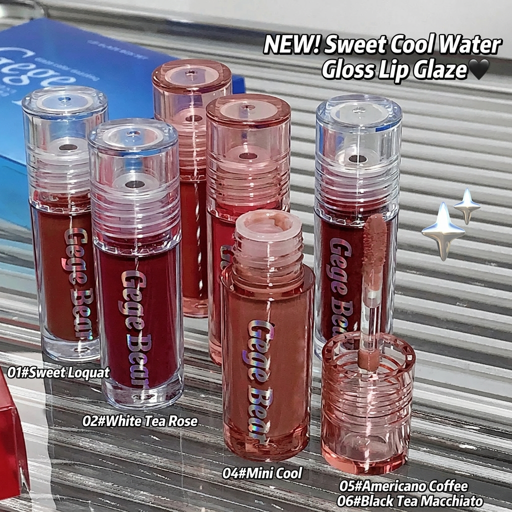 Gege Bear lip glosses with names and colors on a metallic surface