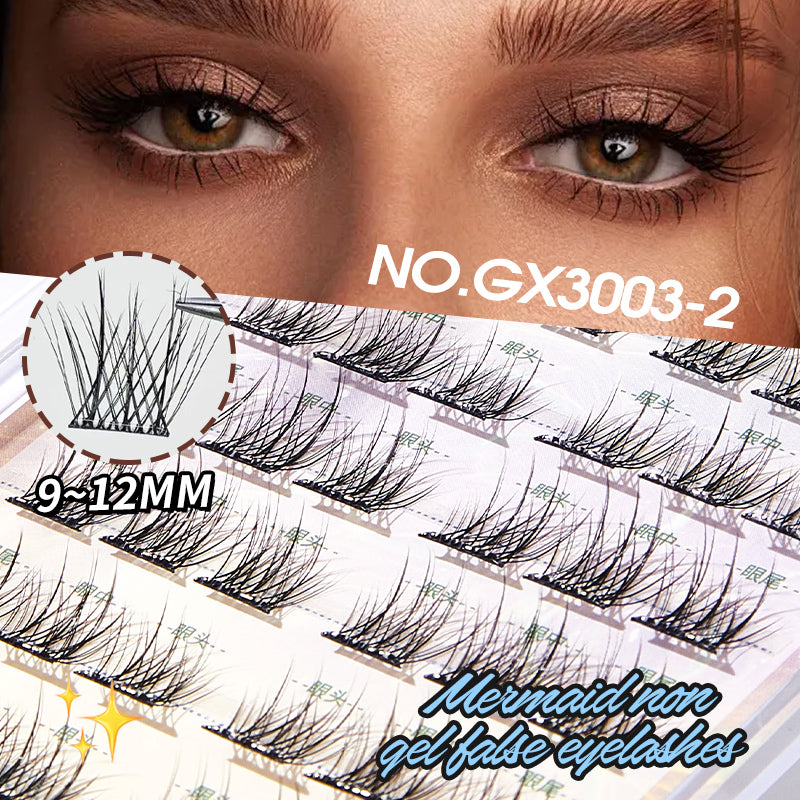 False eyelashes with packaging and a close-up of eyes wearing them.