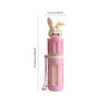 Pink lip balm with bunny design and measurements on a white background