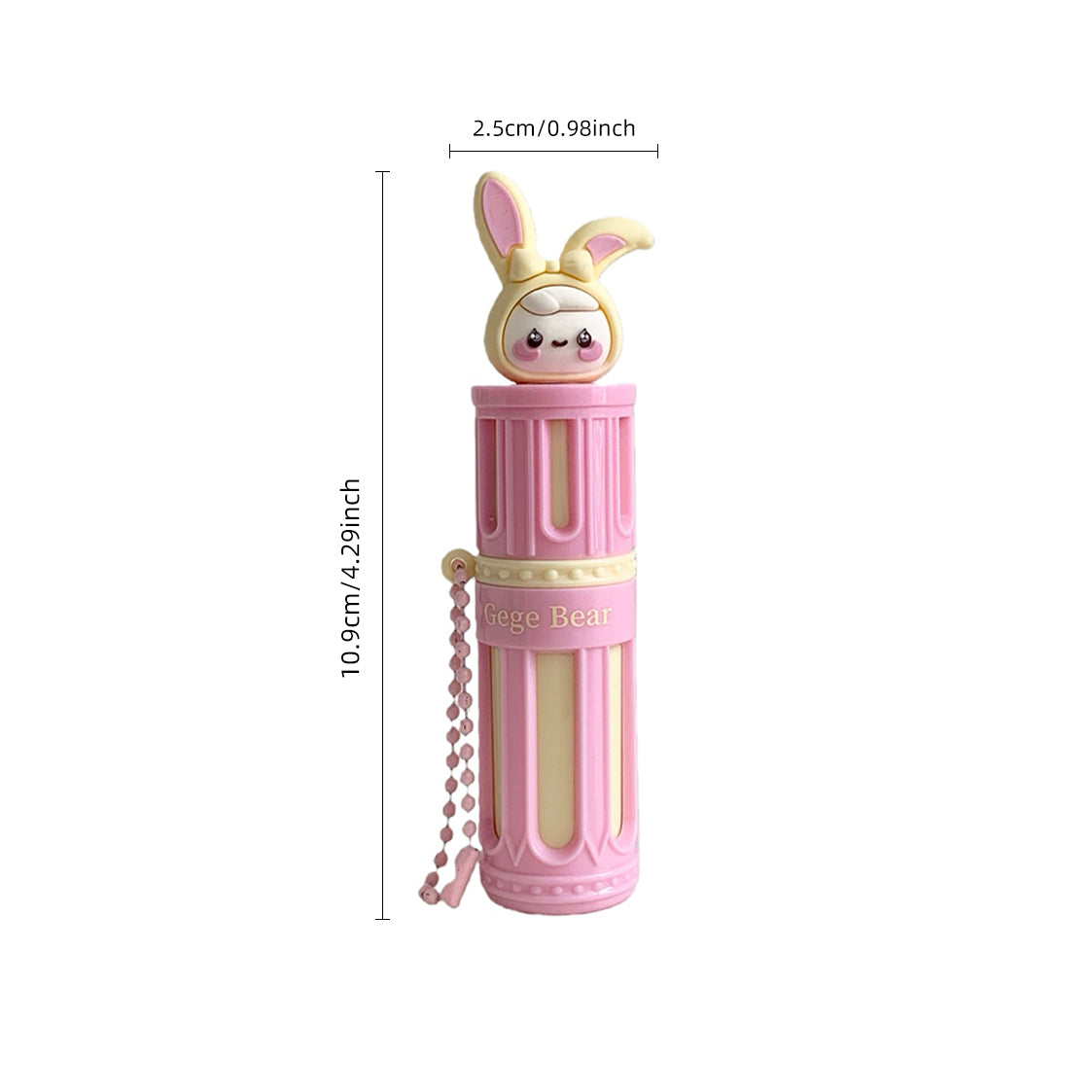 Pink lip balm with bunny design and measurements on a white background
